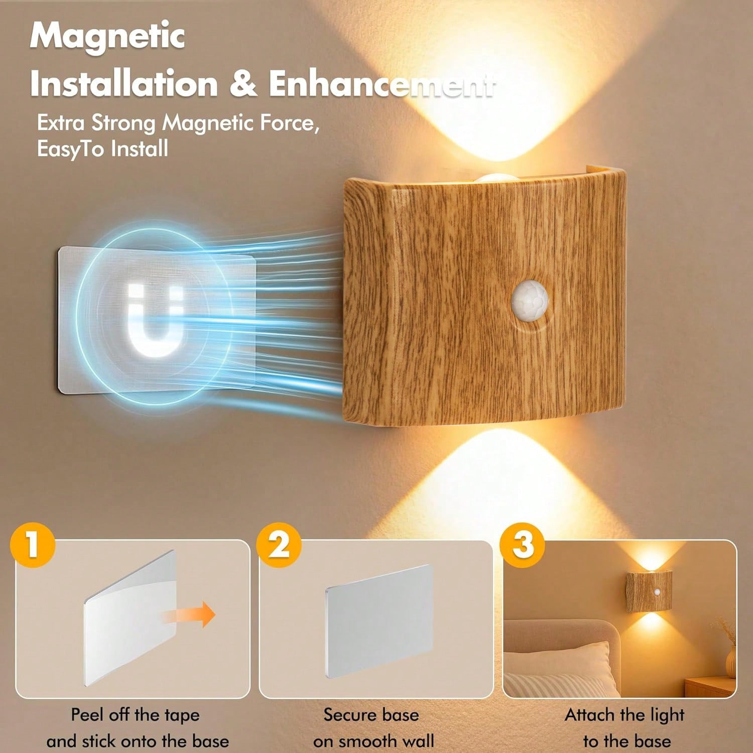 2PCS LED Smart Motion Sensor Wall Light, Rotatable, Magnetic Installation, Adjustable Color Temperature And Brightness, Suitable For Corridor, Bathroom, Bedroom, Kitchen, Cabinet, Stairs, Entrance, Bedside, Tabl-1