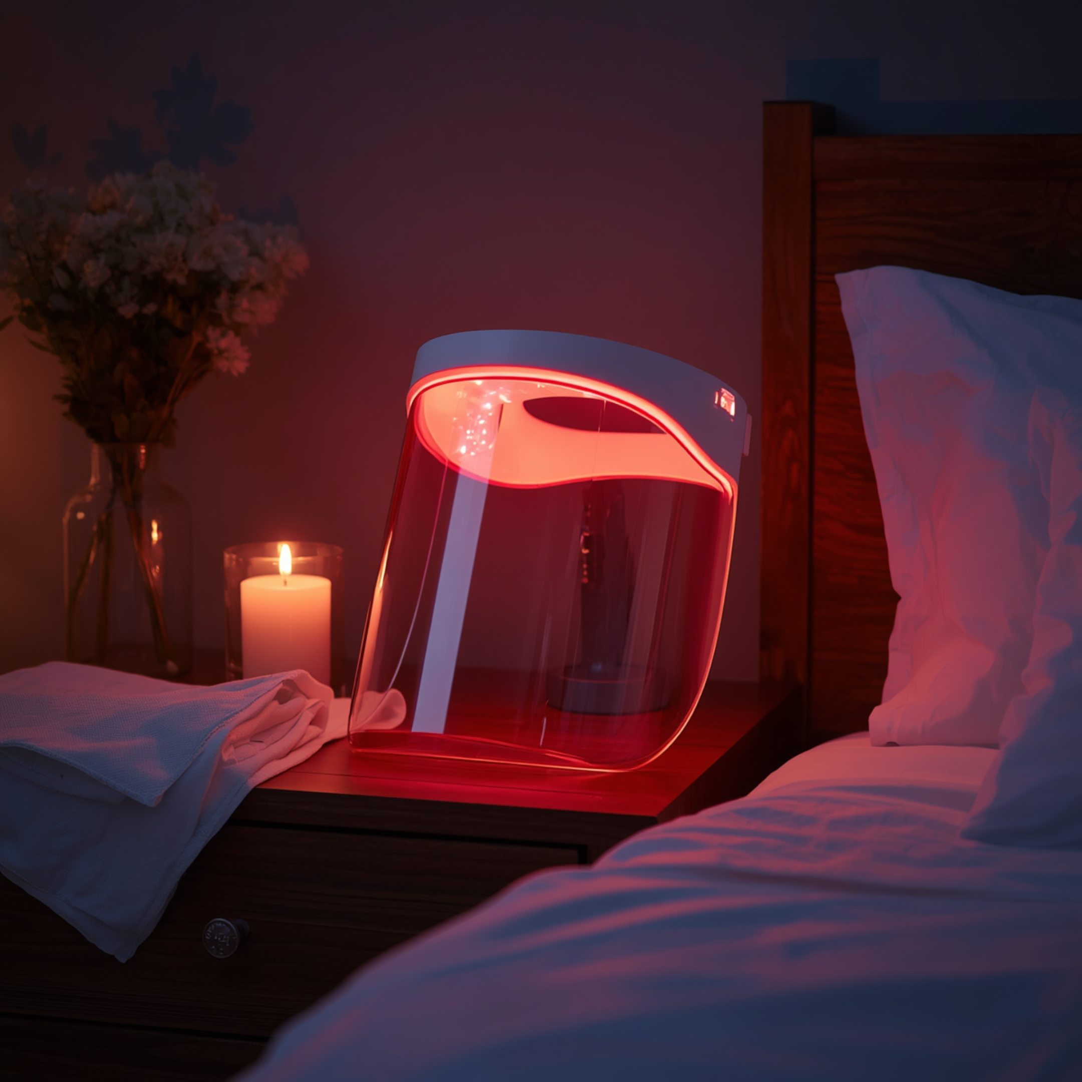 LED-masker met warme rode gloed op nachtkastje – avondritueel