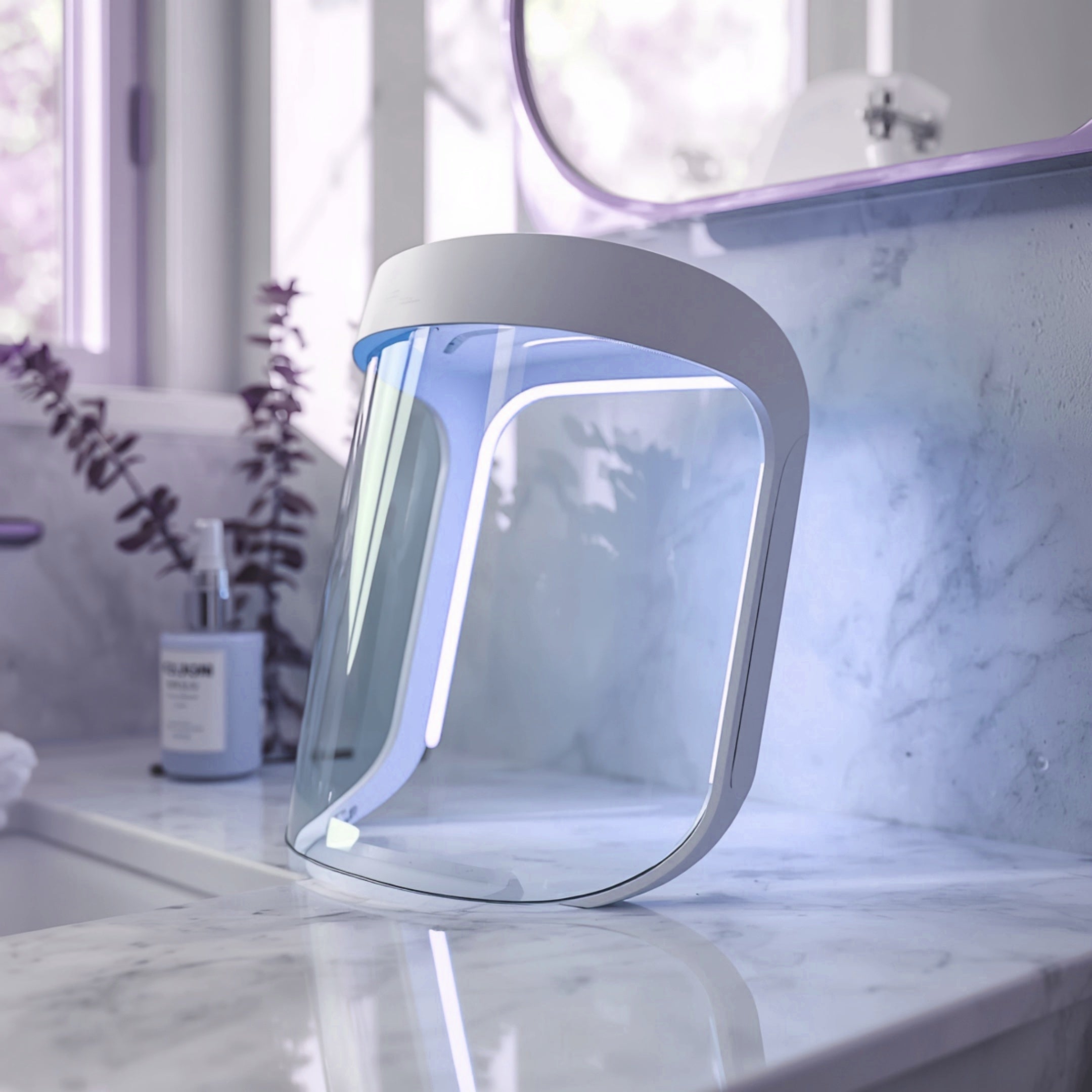 LED-lichttherapie masker met blauwe lichtstand op marmeren blad