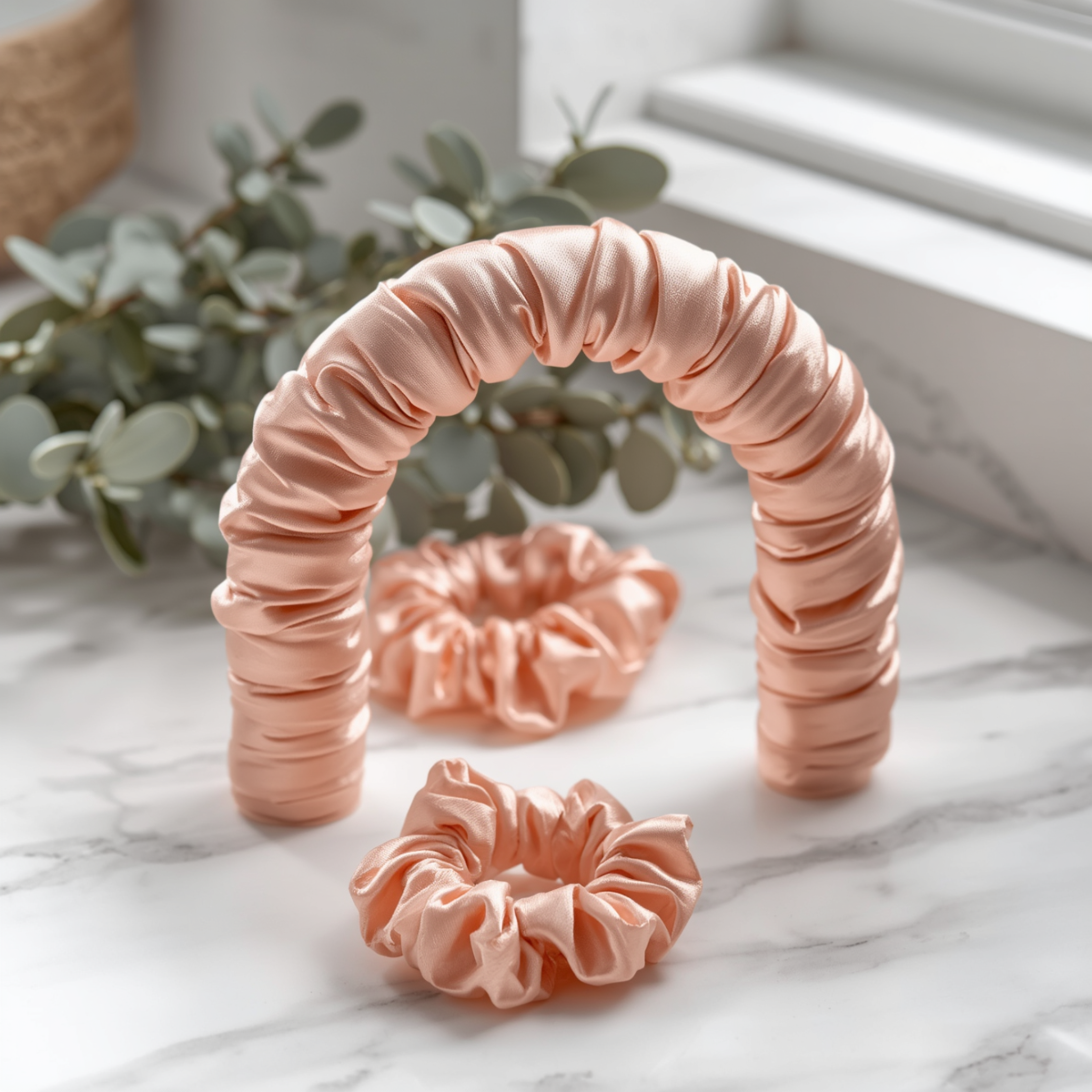 Heatless Curls Satijnen Set – zachte satijnen boog met scrunchies, badkamer-setting