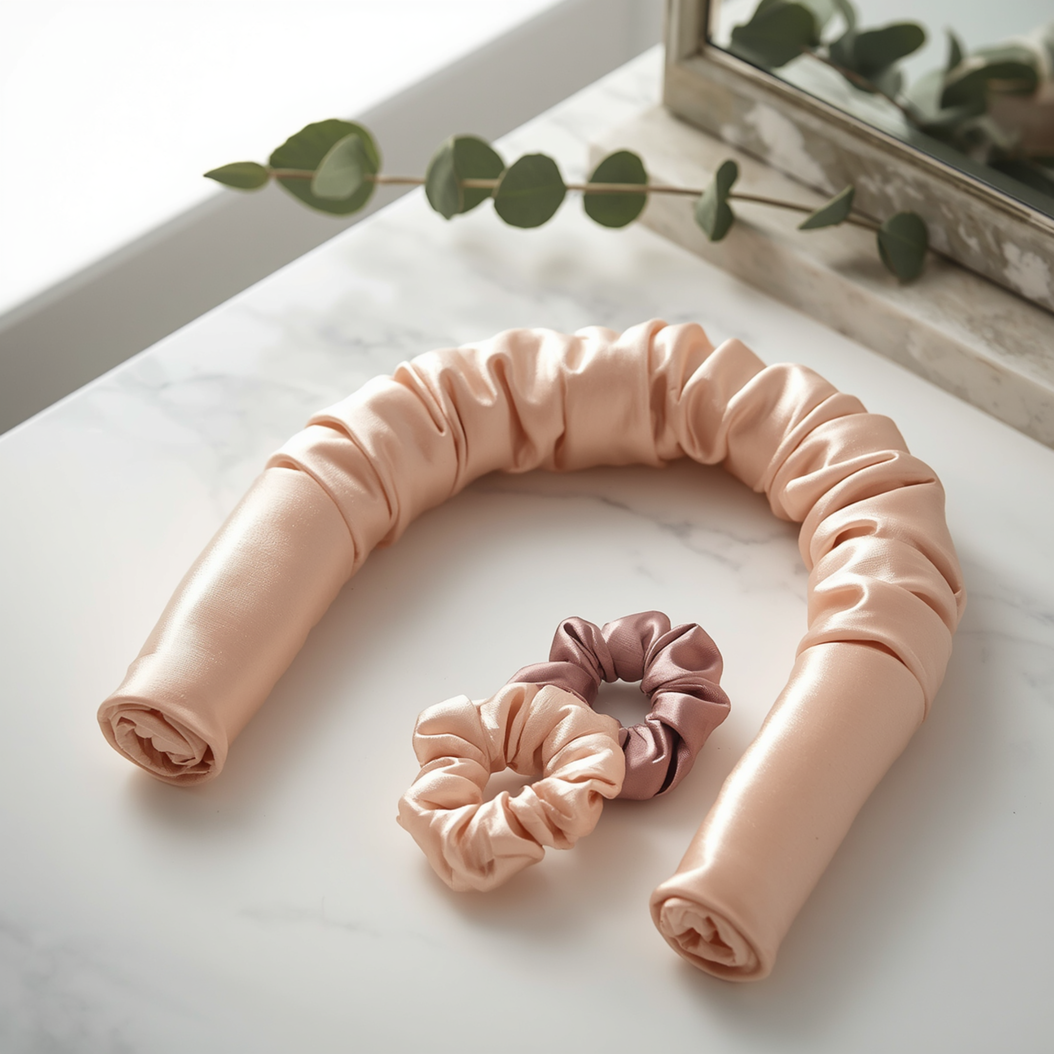 Heatless Curls Satijnen Set – satijnen krulband met scrunchies op marmeren blad