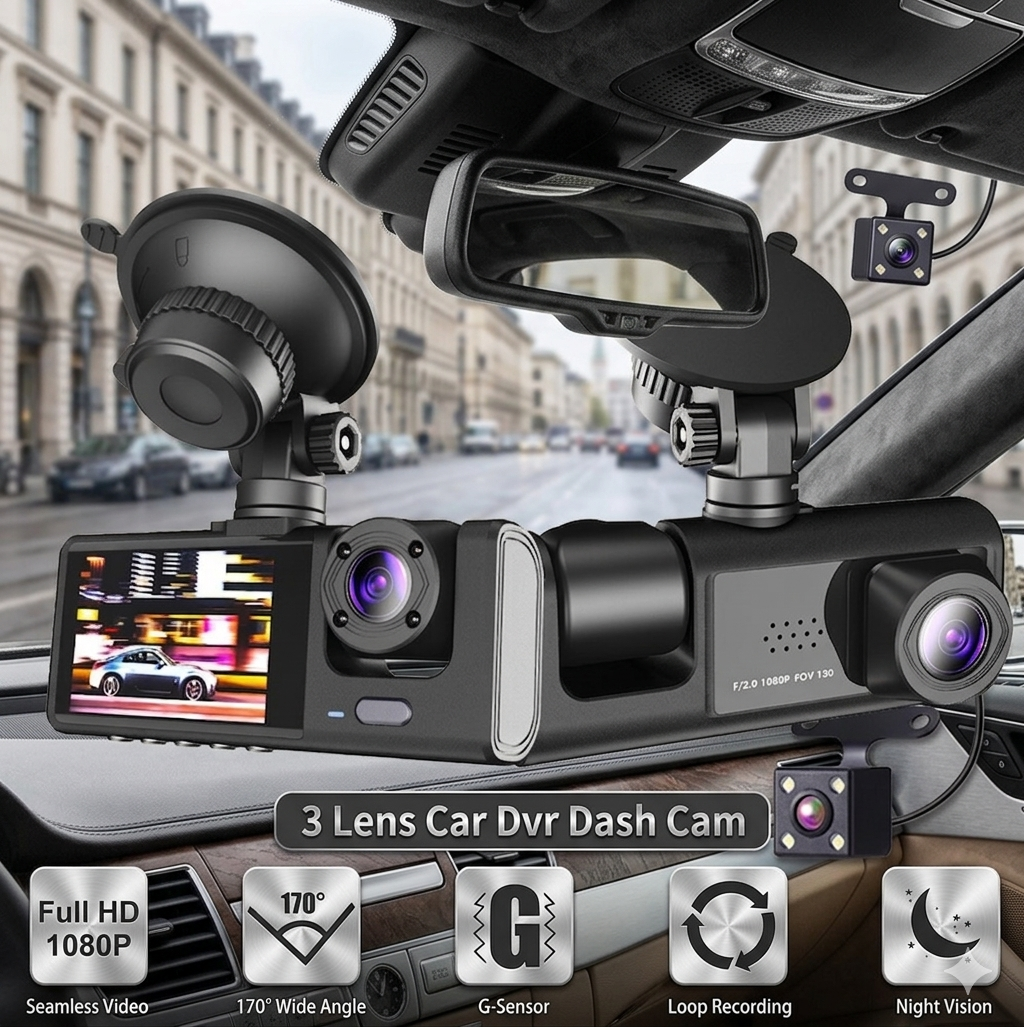 3-in-1 HD Dashcam — Triple Lens, Wi-Fi & Night Vision